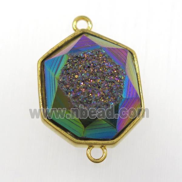rainbow druzy agate connector, hexagon, gold plated