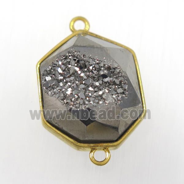 silver Druzy Agate connector, hexagon, gold plated