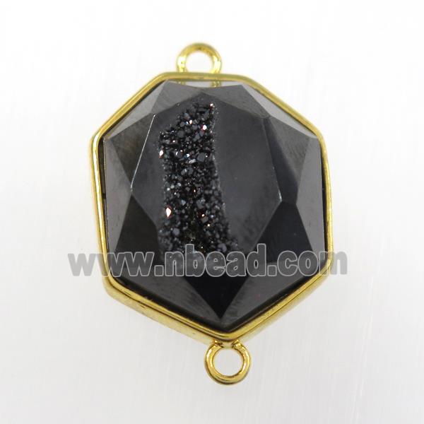 black druzy agate connector, hexagon, gold plated