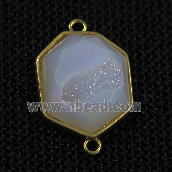 white AB-color druzy agate connector, hexagon, gold plated