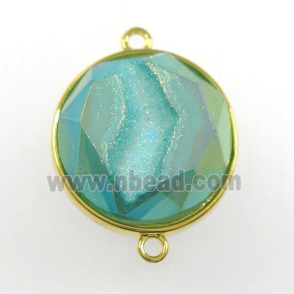 peacock green druzy agate connector, circle, gold plated