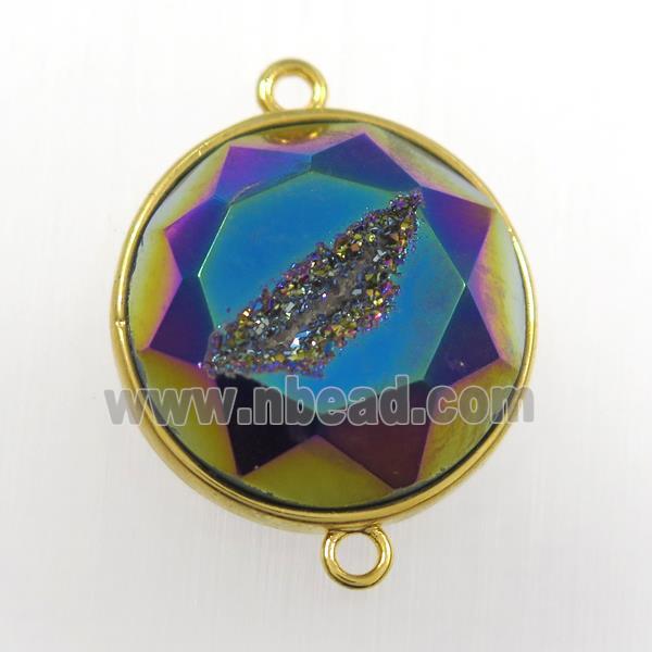 rainbow druzy agate connector, circle, gold plated