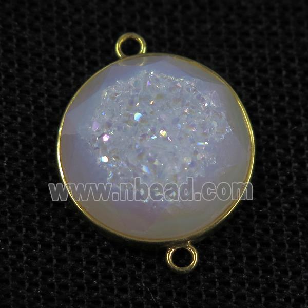 white AB-color druzy agate connector, circle, gold plated