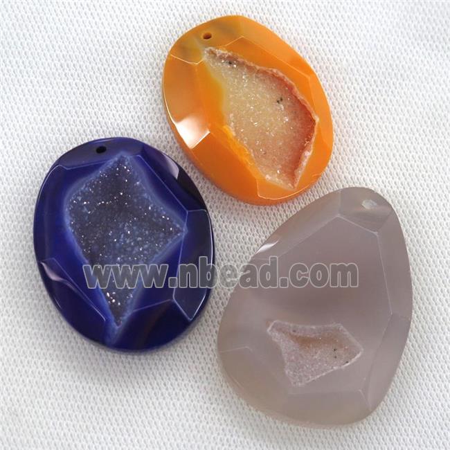 druzy agate pendants, mixed color, faceted freeform