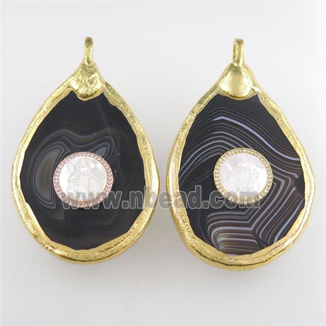 black stripe agate pendant, teardrop, gold plated