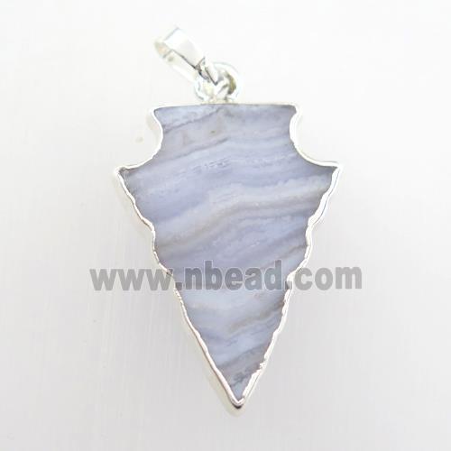 Blue Lace Agate pendant, arrowhead, silver plated