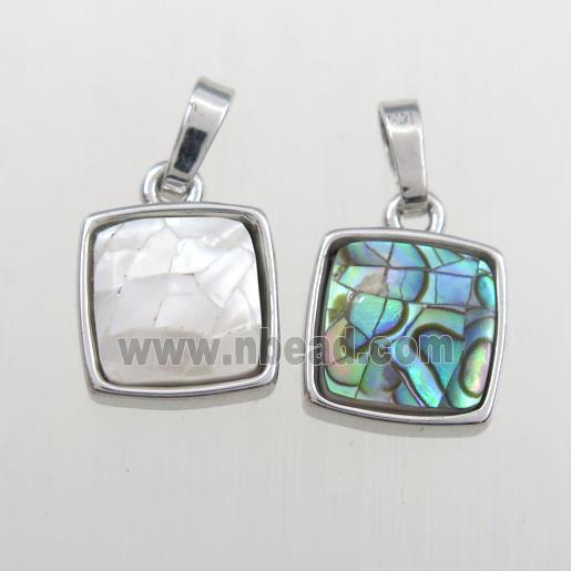 mixed Paua Abalone shell pendant, square, platinum plated