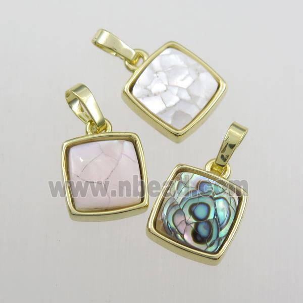 mixed color Paua Abalone shell pendant, square, gold plated