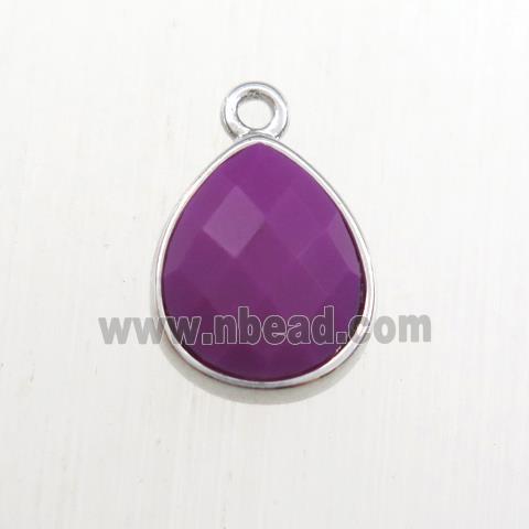 purple Jade pendant, teardrop, platinum plated
