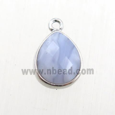 Blue Lace Agate pendant, teardrop, platinum plated