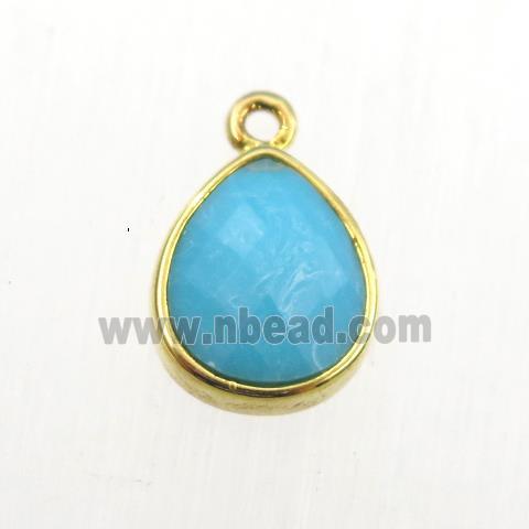 Natural Turquoise pendant, blue treated, teardrop, gold plated