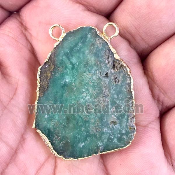 green Australian Chrysoprase slab pendant with 2holes, gold plated