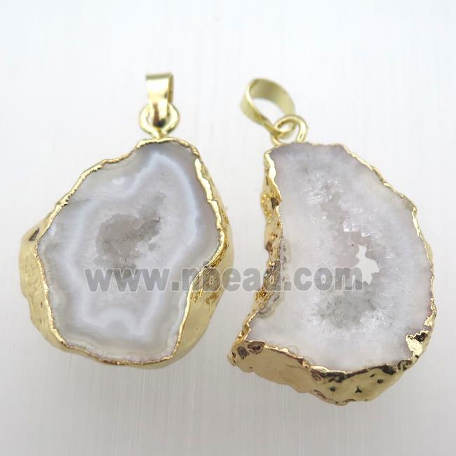 white druzy agate slice pendant, freeform, gold plated