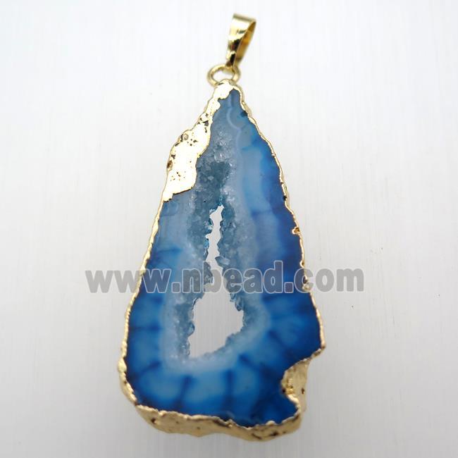 blue druzy agate slice pendant, gold plated