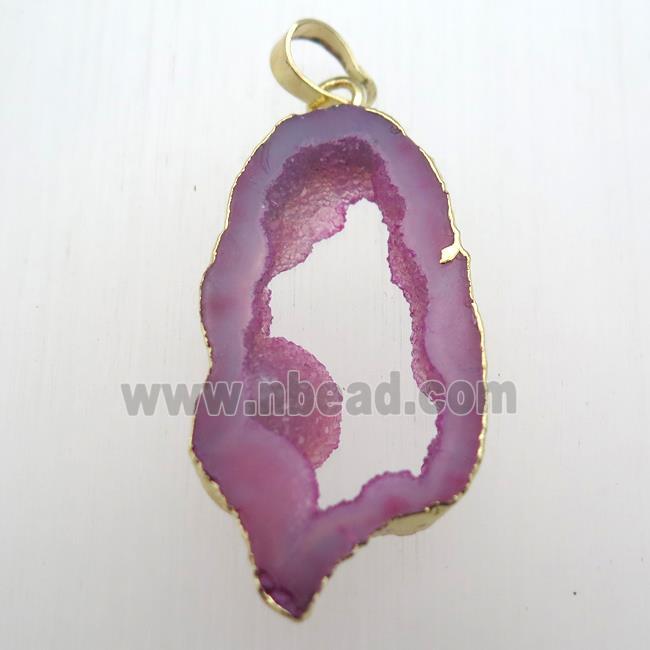 hotpink druzy agate slab pendant, gold plated