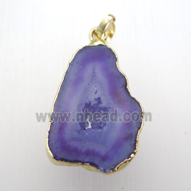 purple druzy agate slab pendant, gold plated