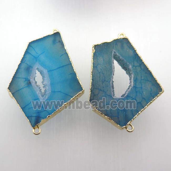 blue druzy agate slab connector, gold plated