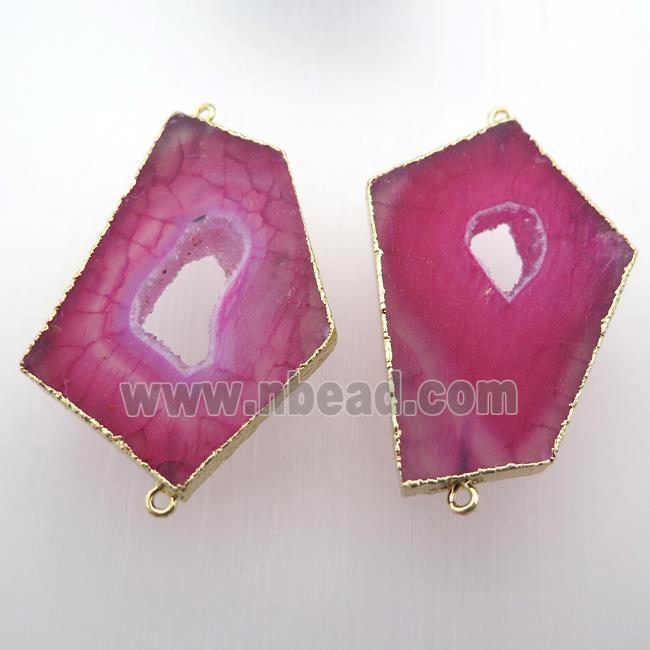 hotpink druzy agate slice connector, gold plated