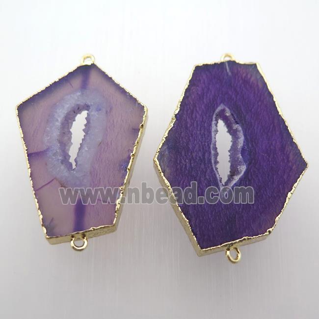 purple druzy agate slice connector, gold plated