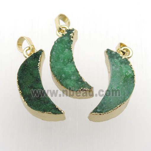 green Quartz Druzy moon pendants, gold plated
