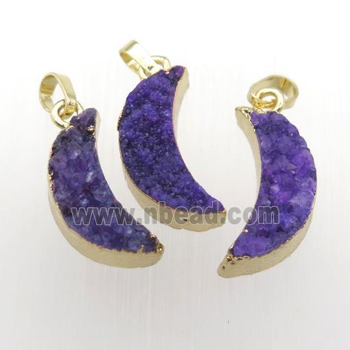 purple Quartz Druzy moon pendants, gold plated