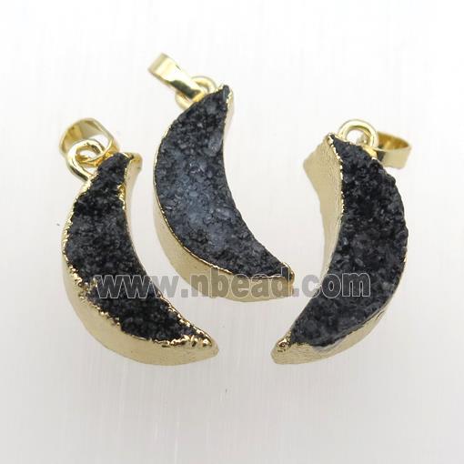 black Quartz Druzy moon pendants, gold plated