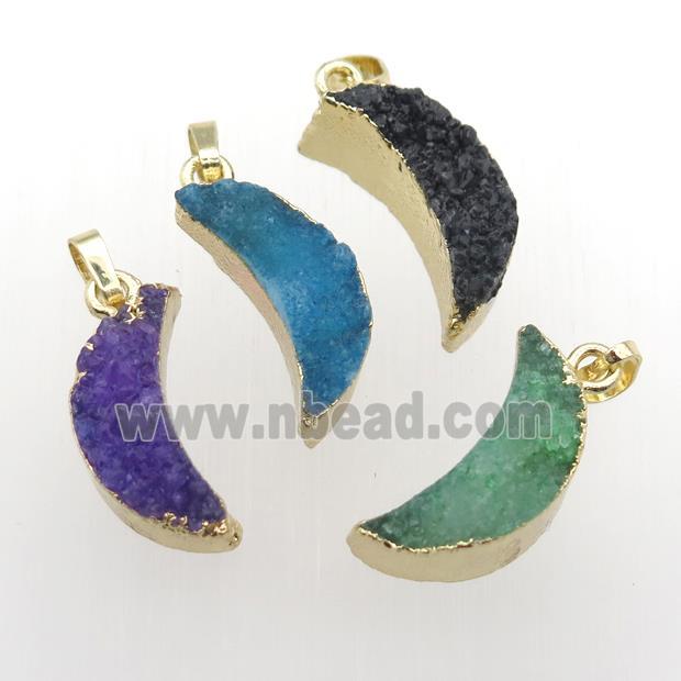 Quartz Druzy moon pendants, gold plated, mixed color