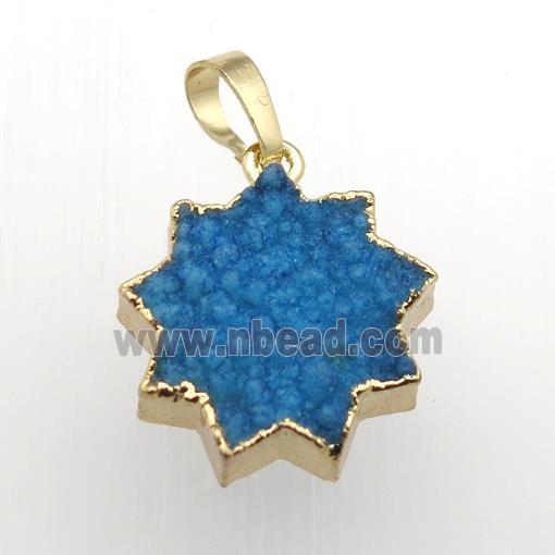 blue Druzy Quartz sunflower pendant, gold plated