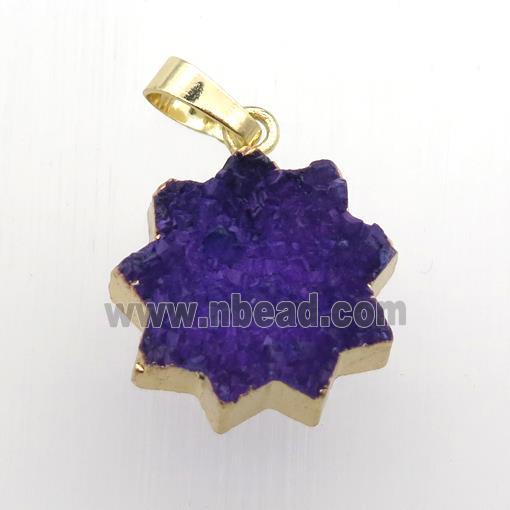 purple Druzy Quartz sunflower pendant, gold plated