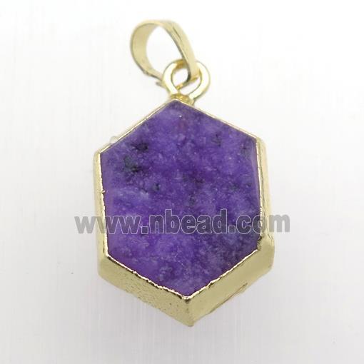 purple Druzy Quartz hexagon pendant, gold plated