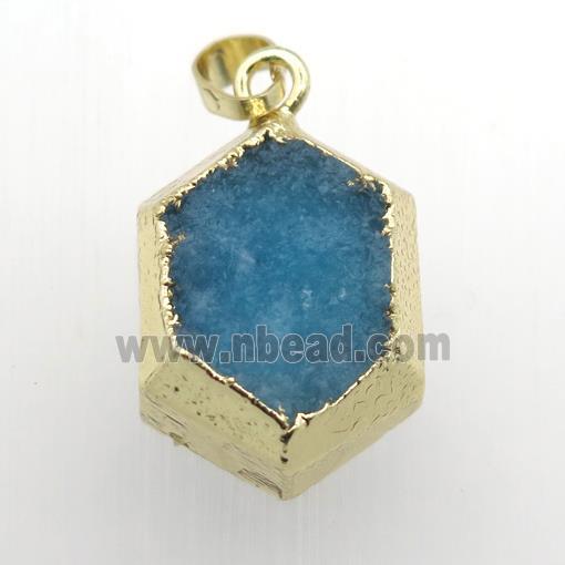 blue Druzy Quartz hexagon pendant, gold plated