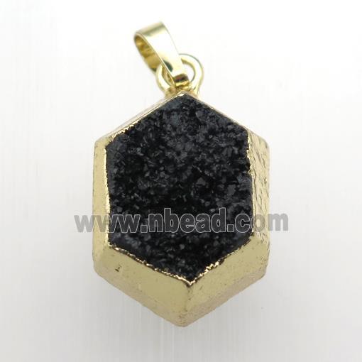 black Druzy Quartz hexagon pendant, gold plated
