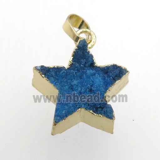 blue Druzy Quartz star pendant, gold plated