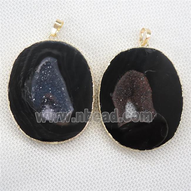 black Agate Druzy slab pendants, gold plated