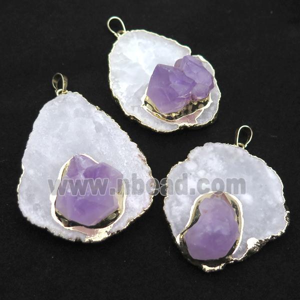 white Crystal Quartz pendant with Amethyst, gold plated