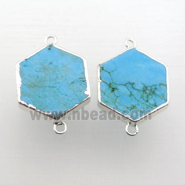 blue Turquoise connector, hexagon, silver plated