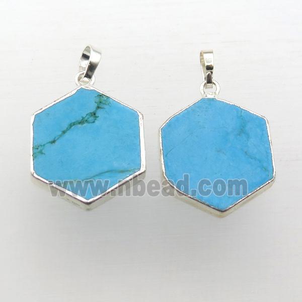 blue turquoise hexagon pendant, silver plated
