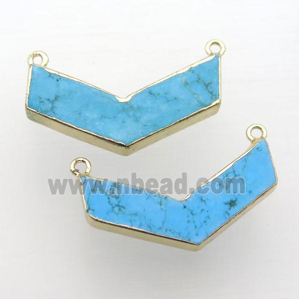blue Turquoise arrowhead pendant with 2loops, gold plated