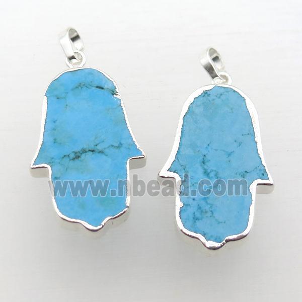 blue Turquoise hamsahand pendant, silver plated