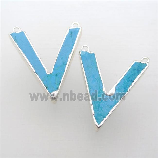 blue Turquoise pendant, letter-V, silver plated