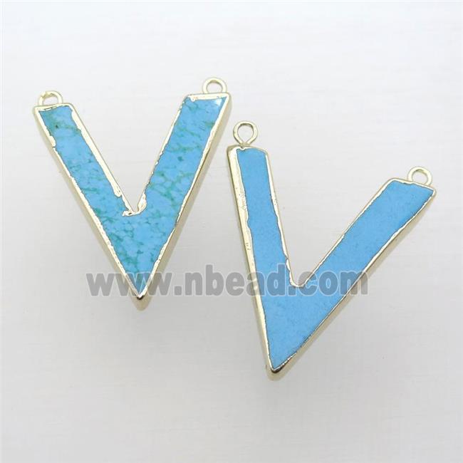 blue Turquoise pendant, letter-V, gold plated