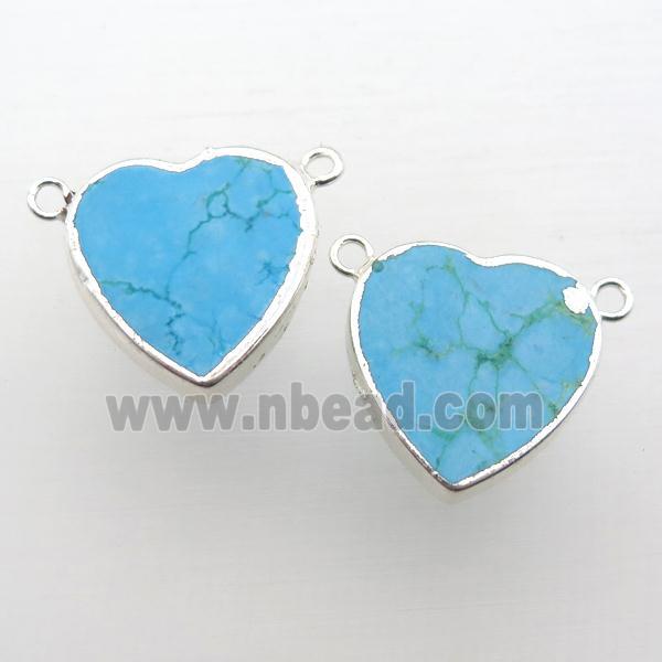 blue Turquoise heart pendant with 2loops, silver plated