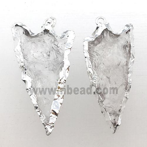 hammered Clear Quartz arrowhead pendant, silver plated