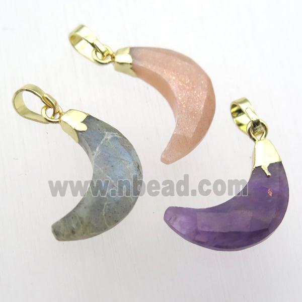 mixed Gemstone crescent moon pendant, gold plated