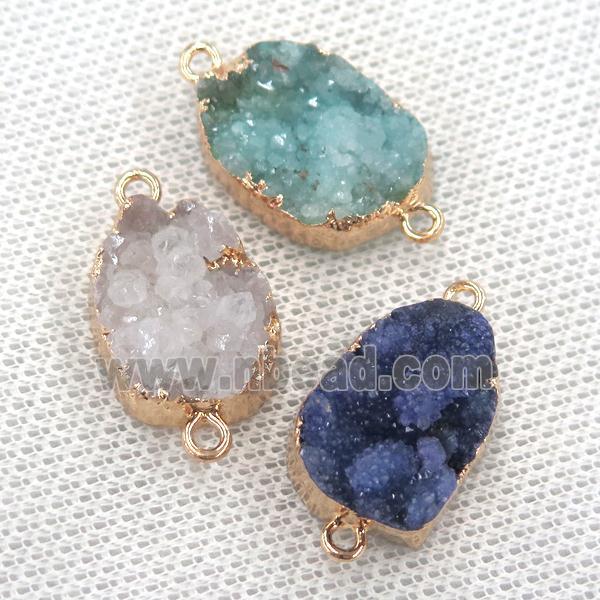Quartz Druzy oval connector, gold plated, mixed color