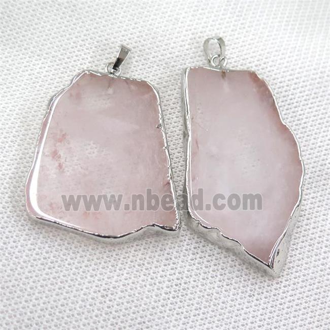 Rose Quartz slab pendant, freeform, platinum plated