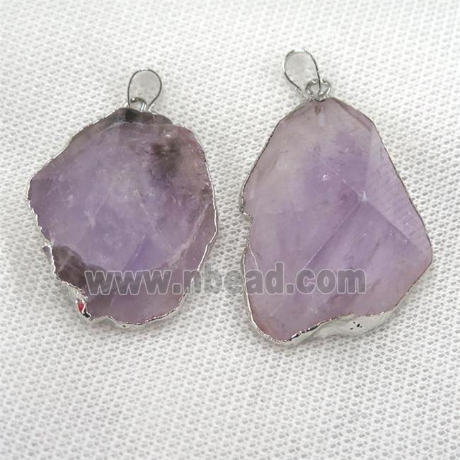 Amethyst pendant, freeform, point, silver plated