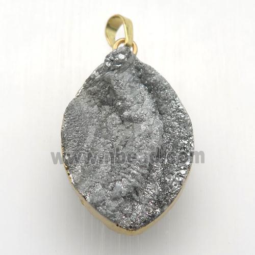silver Solar Agate Druzy leaf pendant, gold plated