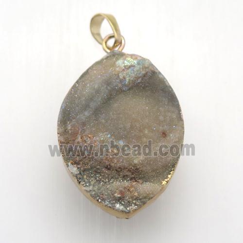champagne Solar Agate Druzy leaf pendant, gold plated