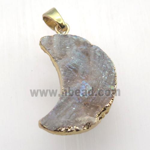 AB-color Solar Agate Druzy moon pendant, gold plated
